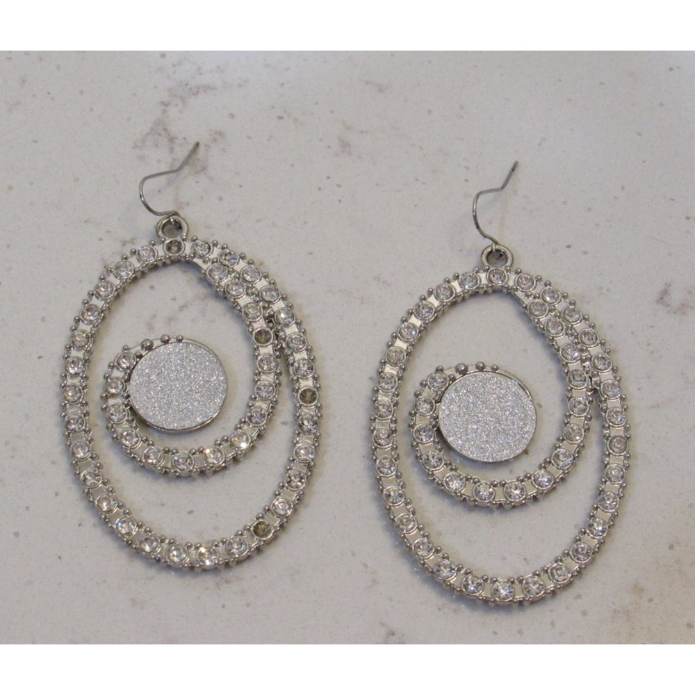 Silver Tone Rhinestone Double Swirl Oval Drop Dangle Earrings Glitter Center